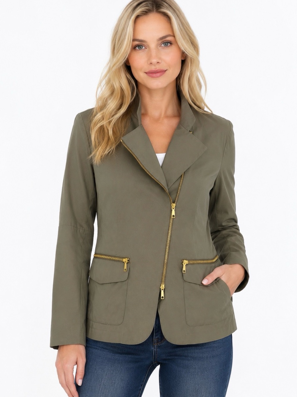 LAFAYETTE 148 NEW YORK Asymmetrical Zip Jacket Moto Irridescent Olive Size 2